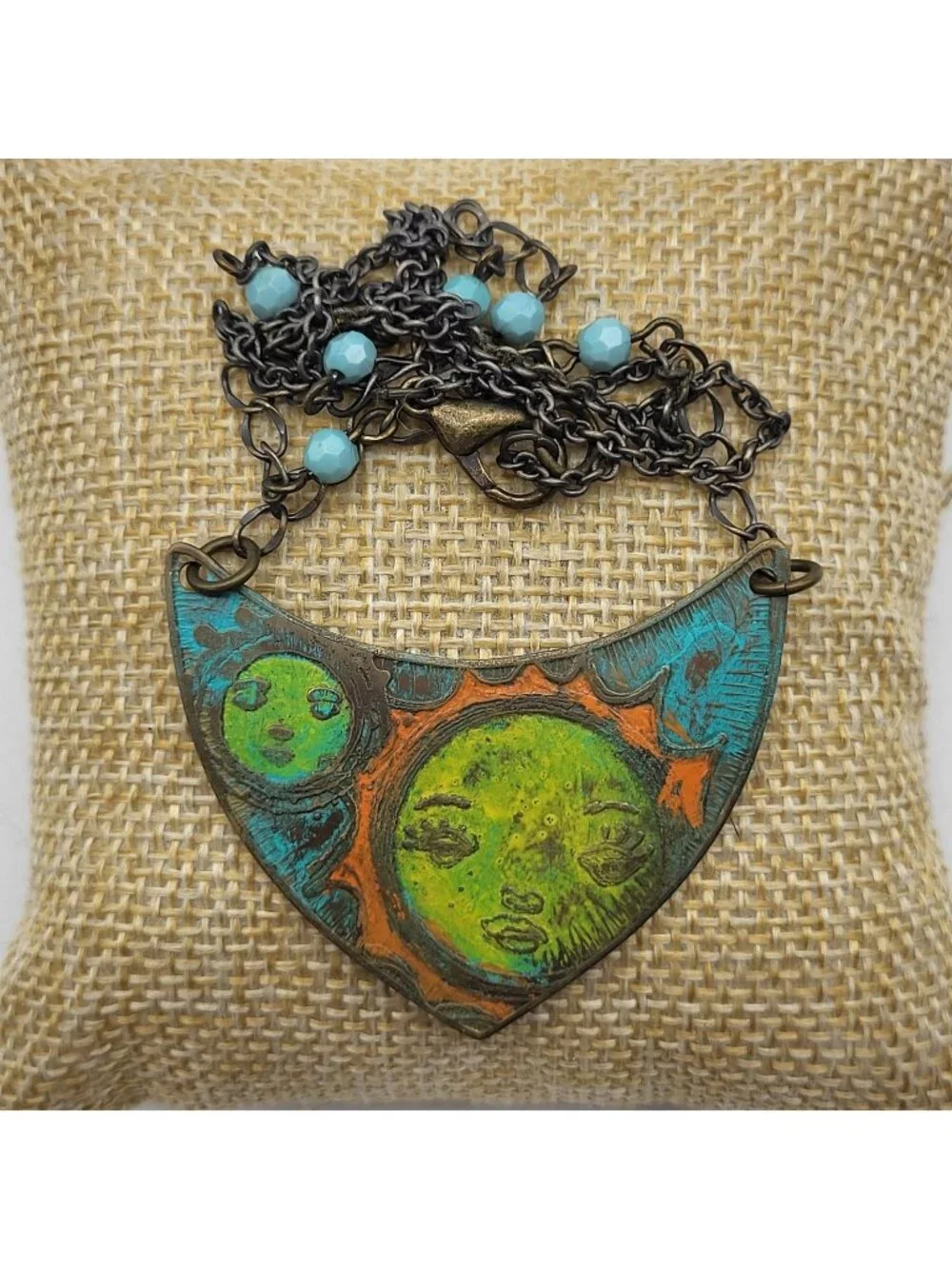 Artisan Necklace Brass Celestial Sun Moon Festival painted whimsical Goddess